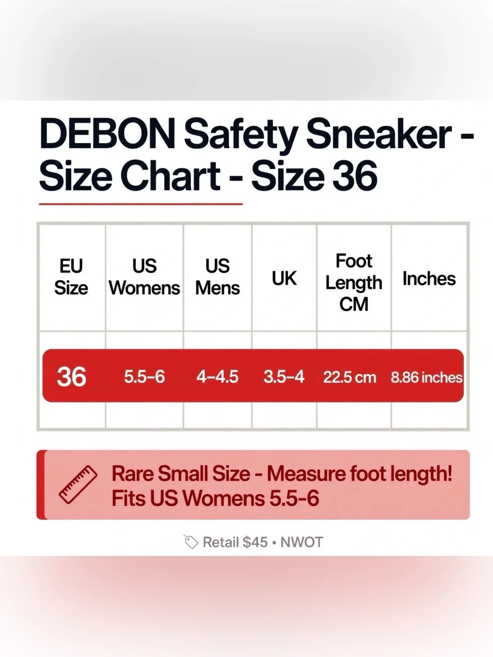 DEBONSAPT Streetwear/Safety Sneakers W 5.5-6/ M 4-4.5 Rare small size - NWOT
